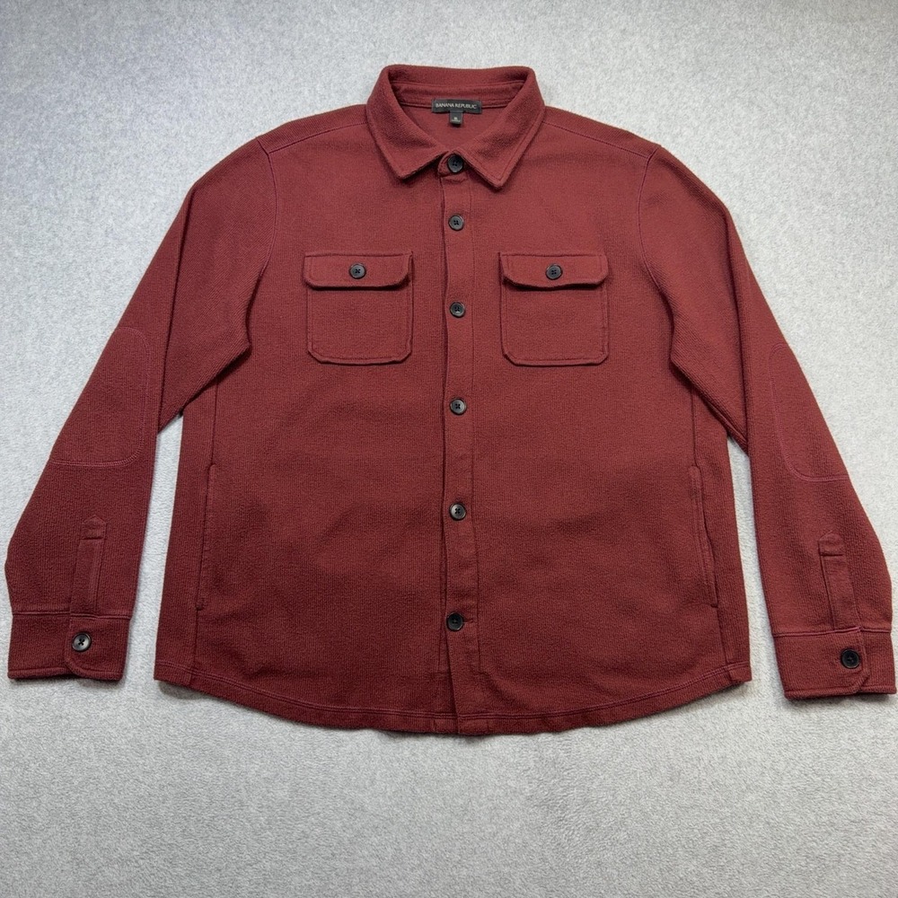 Banana Republic Brushed Waffle Knit Shirt Jacket Men XL Burgundy Flannel Pockets
